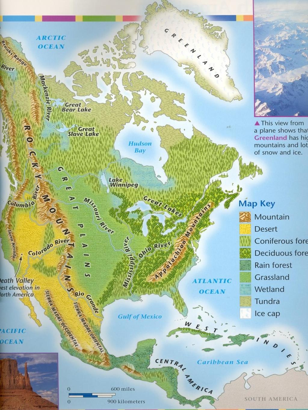 This physical map of North America shows the physical features
