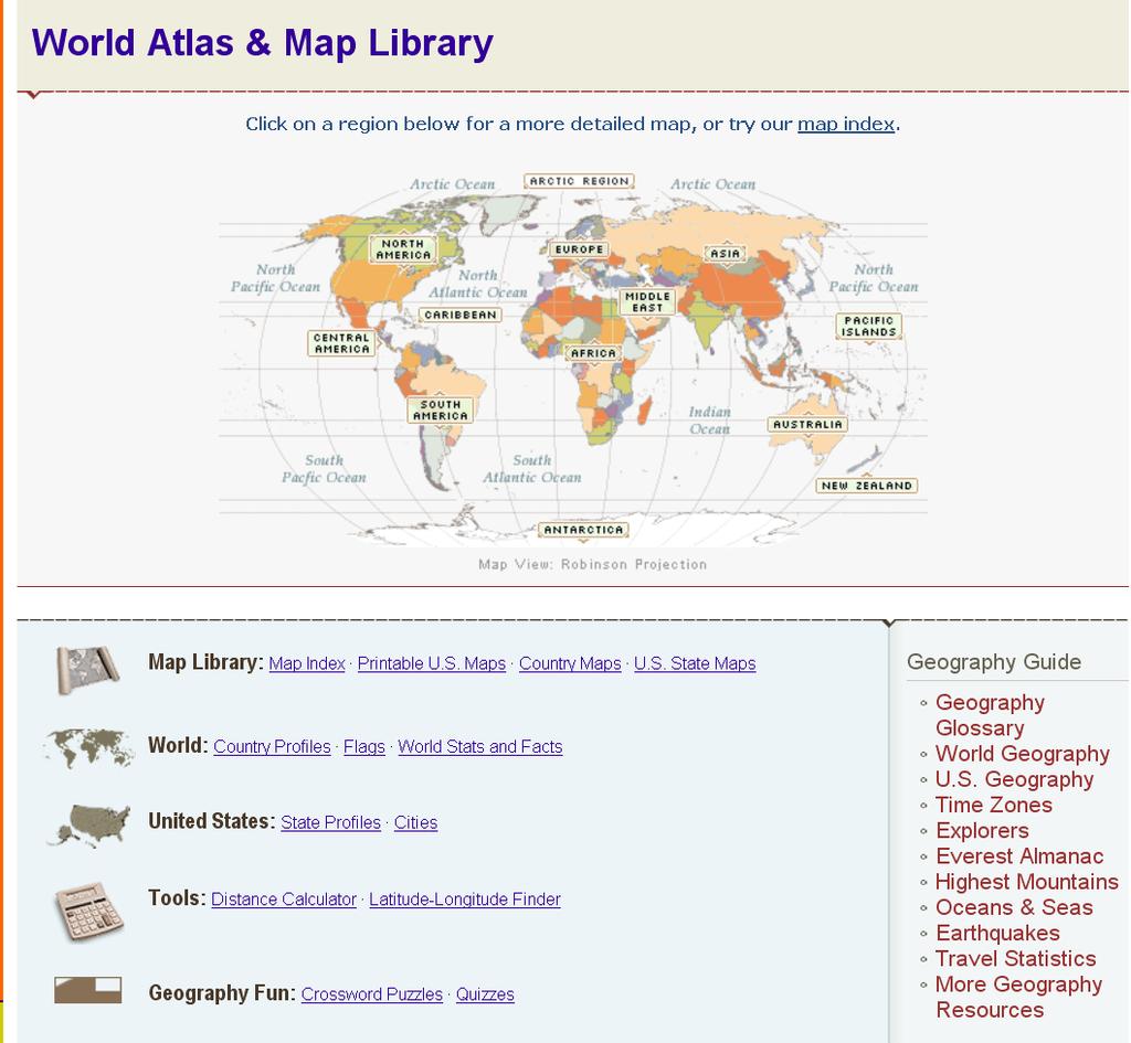 Fact Monster s World Atlas allows you to click on a region for more detailed maps.