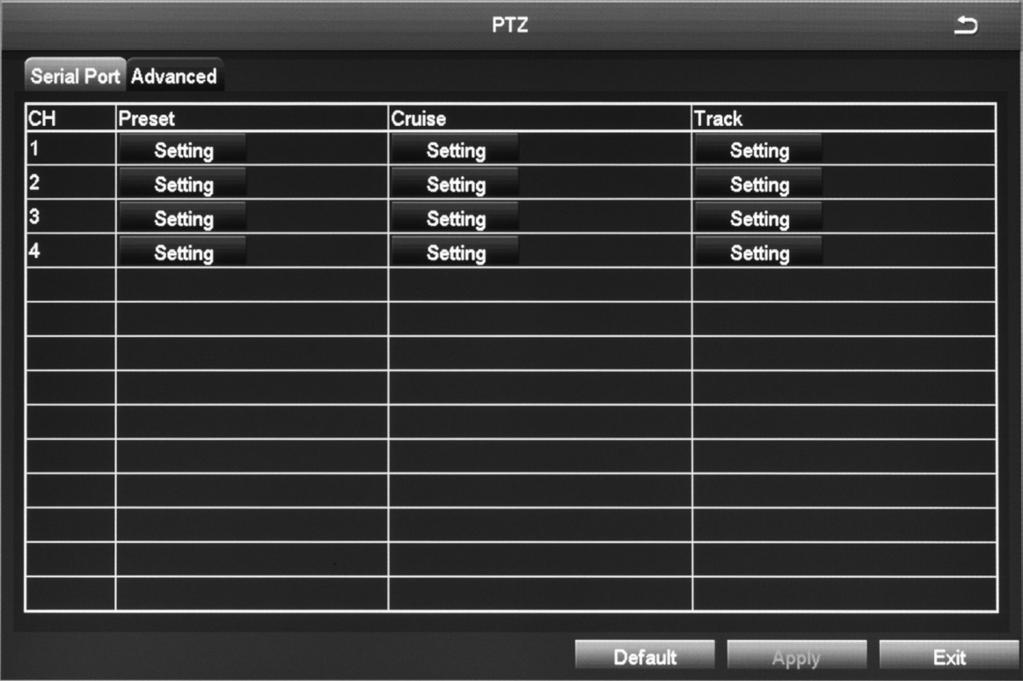 Advanced Tab This tab helps you create, name, and save PTZ movement patterns for a specific channel.