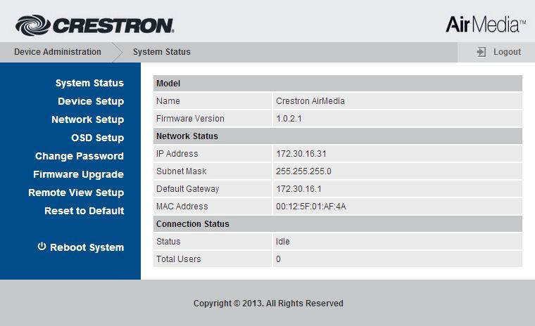 Crestron AM-100 AirMedia Presentation Gateway Firmware Upgrade Select to import or export the system configuration to match other AM-100 devices and upgrade the AM-100 s firmware.