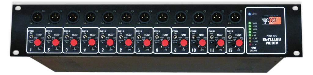 12 Channel Media Splitter MS12 Mk2 An audio distribution amplifier primarily designed to feed multiple ENG cameras from a single lectern microphone at media events. Available in 12 channels only.