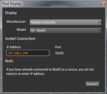 Figure 4 CalMAN Find Display dialog, for connecting to the BoxIO for LUT creation and loading.