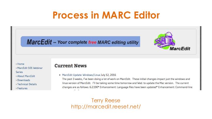 We then use MARC Edit, a free utility developed by Terry Reese at Ohio State University, to convert the spreadsheet data to a batch of MARC records.