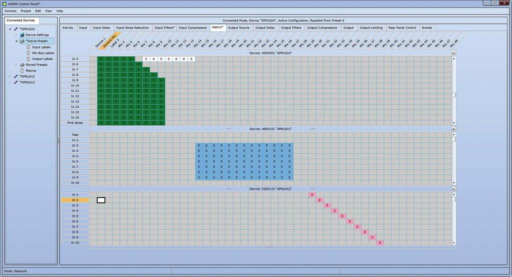 The matrix setup tab opens a work area that displays multiple units and all 48 crosspoints to provide an overview of the signal routing.