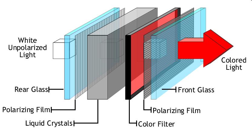 Describe what you observe when you place the polarizing filter over the LCD