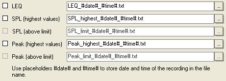 Program Tutorial - Further Measurements Here the SPL (ABOVE LIMIT) and PEAK (ABOVE LIMIT) checkboxes are grayed out because we did not enable the switch at the bottom of the respective log panels for