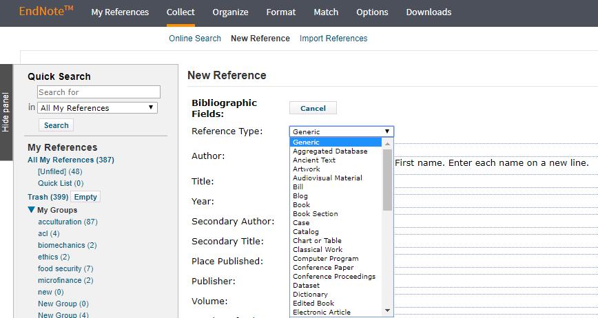 5. Manually creating a reference If you are not able to transfer a reference into EndNote Online, you will need to create the entire reference manually within EndNote Online.