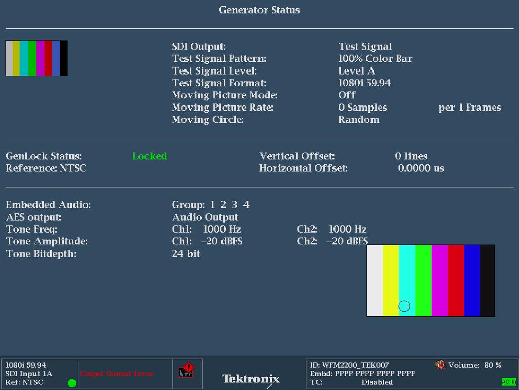Display modes Generator Status display The Generator Status display shows the status of both video and audio signals being generated by the instrument. To access the Generator Status display 1.