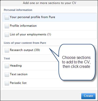 owner, decide which sections to add to the CV. Click create.