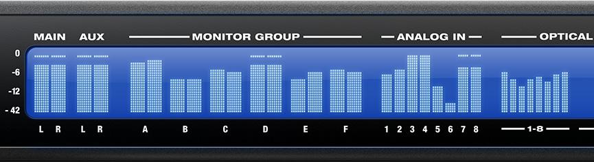 CHAPTER 6 The Front Panel LCD OVERVIEW The front panel LCD displays level meters for all inputs and outputs.