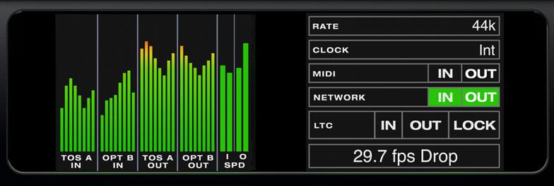 Screen set C Screen set C (Figure 7-4) shows metering for all optical and S/PDIF digital I/O, system settings and time code settings. Turn the MENU knob to scroll through the menu.