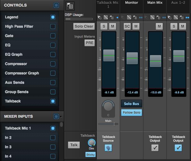 2 Choose an Aux bus or group for talkback, as demonstrated in Figure 7-7 with Aux 1-2, and route it to the outputs feeding speakers (or a headphone mixer) for the musicians.