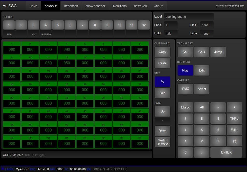 Lighting Console The Lighting Console page allows you to program and manually playback lighting scenes.