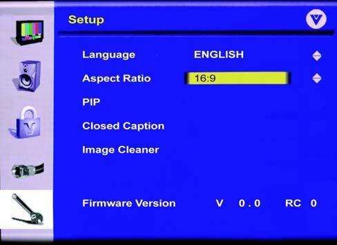 4.6 Setup When the MENU button is pressed, the On Screen Display (OSD) appears on the Video Settings page. Press the button to change to the Setup page and then press the OK button. 4.6.1 Language If is not highlighted, press the or button to highlight Language; the default is English.