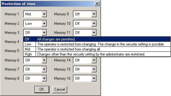 If you select "Memory" from "Storing Memories" pull-down menu, the Restriction of store dialog for Restriction settings by memory is displayed,