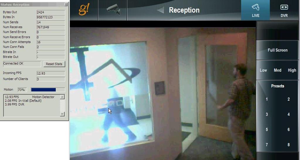 Watch the camera in the viewer and the communication status window at the same time to determine the level (percentage) of motion which will trigger the motion detector.