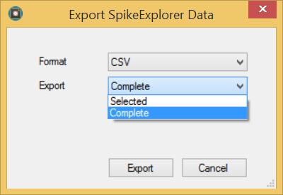Click the "Export Data" button. Select whether to export the spikes "Complete" or "Selected" via drop down menu. Data can be exported in "HDF5" or "CSV" format.