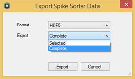 If CSV format is selected, one also has to select, which information to export: Figure 11: Export Spike Sorter Data Dialog o o o o o Aggregate: This produces 1 row per unit, with basic information