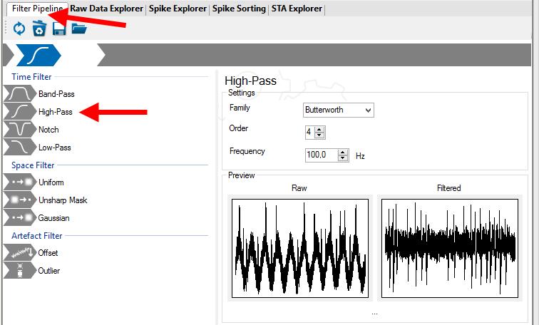 Figure 34: Setting a high-pass filter Have a look at the spike sorter settings that control the spike sorting algorithm.