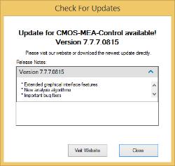 "Setup CMOS System" dialog provides the manual control for the offset and calibration settings for the CMOS chip.