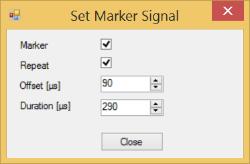 Setting a Marker Signal Additionally it is possible to set a marker signal. Open the "Set Marker Signal" dialog by clicking the check box "Set Marker" in the window for parameter settings.
