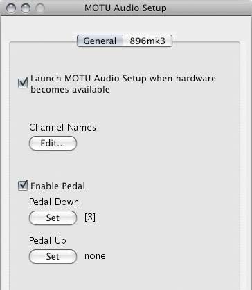 Quick Reference: MOTU CHAPTER Audio Setup Determines the clock source for your 896mk3. If you re just using the analog ins and outs, set this to Internal.