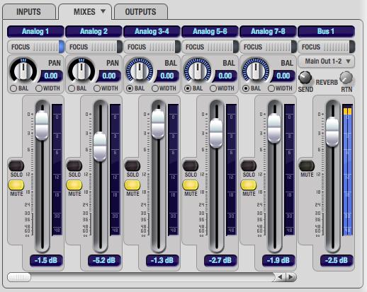 THE MIXES TAB Click the Mixes tab (Figure 11-2) to gain access to the 896mk3 s eight stereo mix busses. The Mixes tab displays one mix bus at a time.