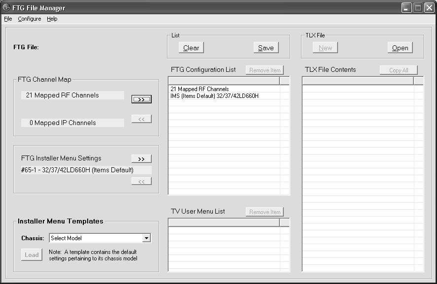 FTG File Manager Utilities Overview FTG File Manager Main Screen FTG CONFIGURATION LIST Data to be saved in FTG Configuration (.tlx) file. CLEAR/SAVE FTG Configuration List options.