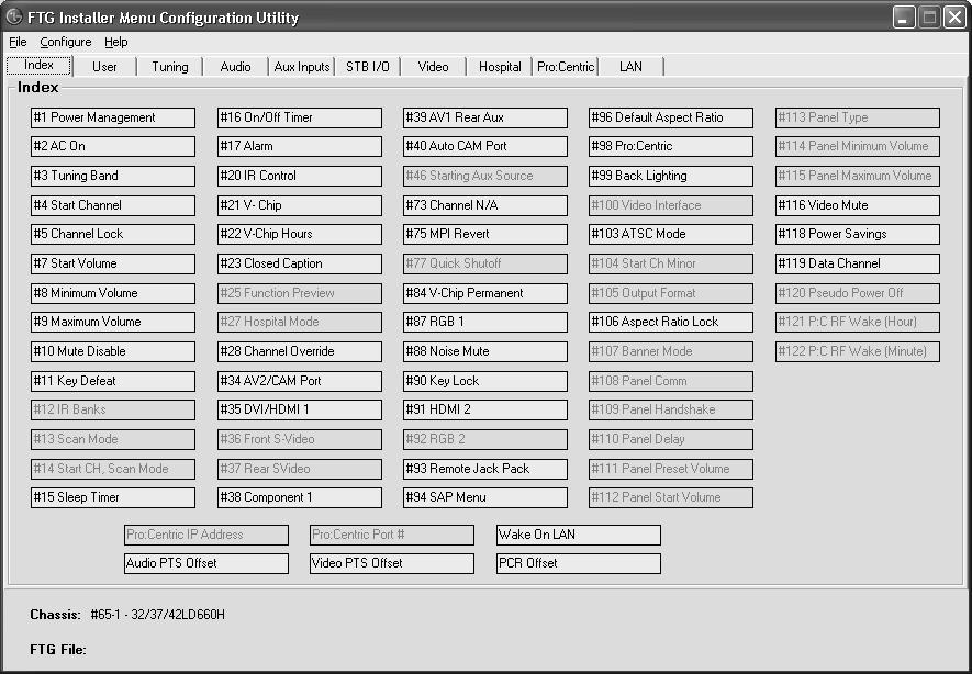 FTG File Manager Utilities Overview (Cont.) FTG Installer Menu Coniguration Utility CONFIGURATION SETTINGS Select tabs for categories of Installer Menu items to set up TV.