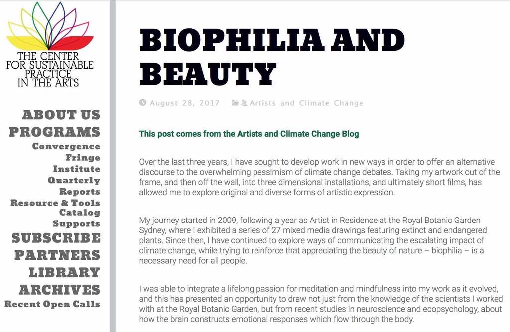 Figure 47. Emma Robertson, article Biophilia and Beauty, republished in The Center for Sustainable Practice in the Arts, 2017.