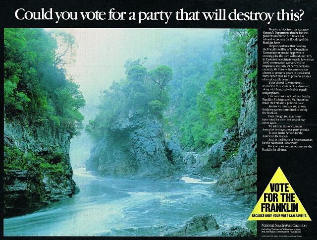 Figure 11. Advertisement placed by the National South-West Coalition, showing the use of the 1982 photograph Morning Mist, Rock Island Bend by Peter Dombrovskis. Size of advertisement unrecorded.