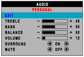 Menu Name and Sub-menus Description Adjust audio characteristics to suit personal preference: EXIT: Exit from this menu. TREBLE: Adjustable from 0 to 100.