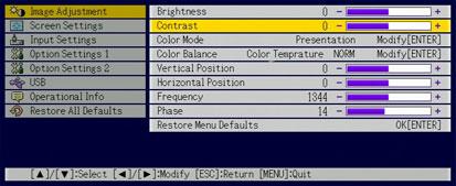 Basic Setup Menu Example The procedure below shows how to configure the following three settings: Image Adjustment Contrast Image Adjustment Color Mode Option Settings Eco Mode Note Certain settings