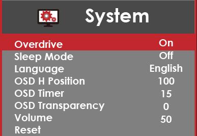 SYSTEM 1. OVERDRIVE This option increases the pixel response time of the LCD screen. 2.