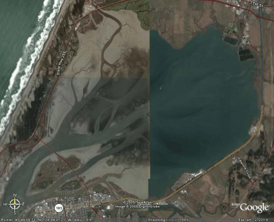 The right half shows the bay near high tide, when the entire bay is covered by water.
