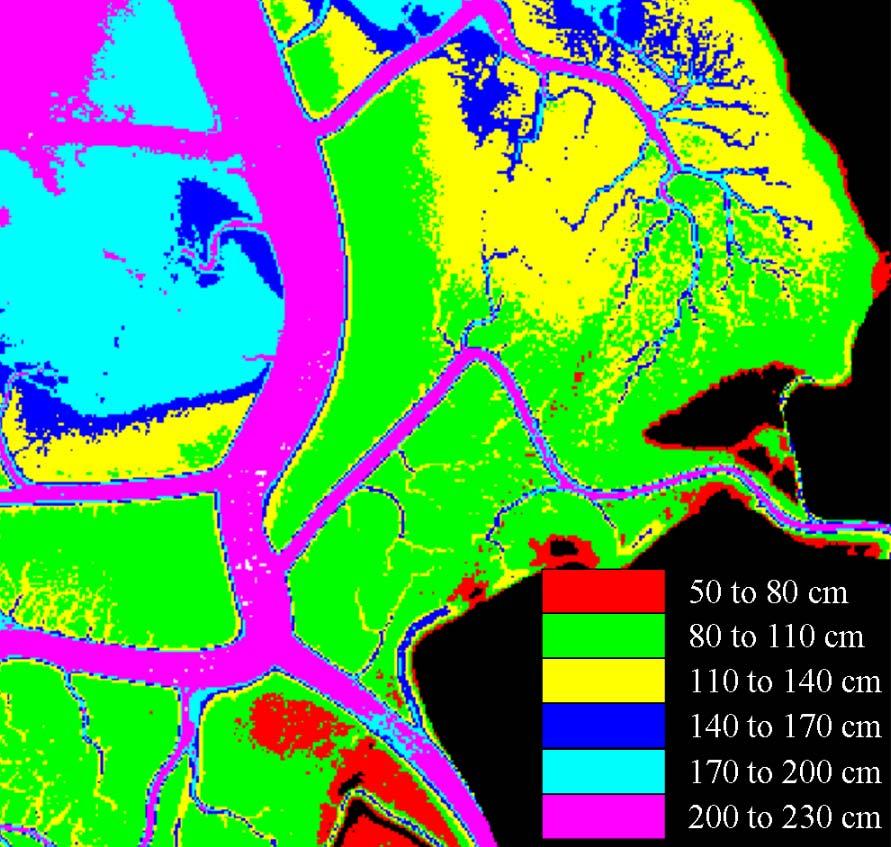 The left figure shows LIDAR bathymetry estimates calculated by estimating the tidal height above the MLLW