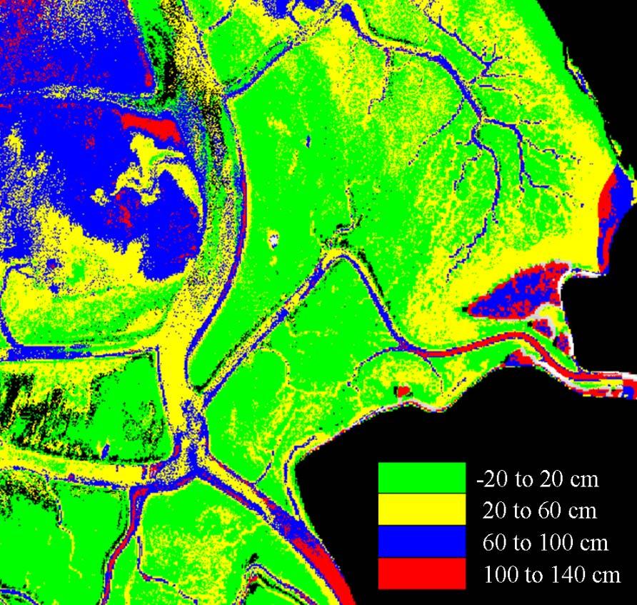 The channels in magenta are actually deeper than shown, but the topographic LIDAR system was not able to