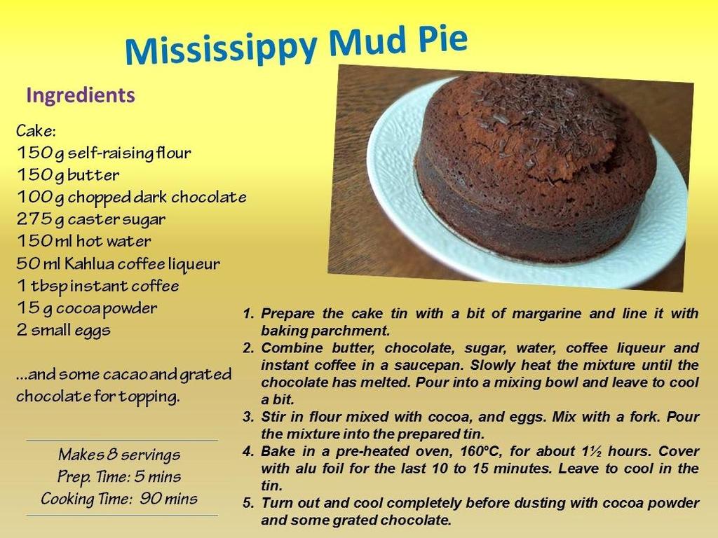 What do you need to make a Mississipy mud pie? To write a recipe 1. We list the ingredients, one under the other. 2. We write the instructions before de ingredients. 3.