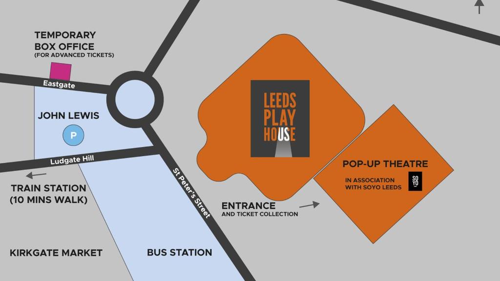Image: Map of Pop-Up Theatre and entrance During our redevelopment in 2018-19 we are transforming one of our workshops here on site to create a unique 350 seat Pop-Up theatre and a home for an