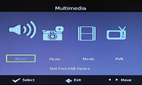 7.7. USB To access the Menu, press the MENU button and select [USB] using the RIGHT/LEFT keys. The menu provides options to playback Music, Photo, Video and Multimedia files.