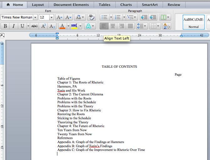 First type a list of all the sections in order from the first page you want listed on your Table of Contents,