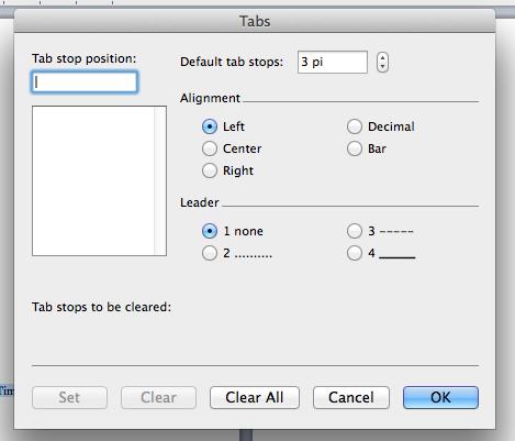 c. This brings up the Tab options box. i. NOTE: Though with most Word programs, you could double click on the right margin and just insert a page number, Thesis/Dissertations require dot leaders.