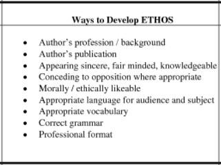 Ethos can be developed by choosing language that is appropriate for the audience and topic (also means choosing proper level of vocabulary), making yourself sound or (19) introducing your (20) or