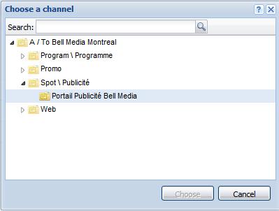 Click on the wen next to Channels and under Spot/Publicité select Portail Publicité Bell Media. Click on the Choose button. On Package Title, enter the product title.