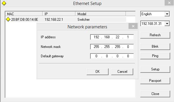 The switcher s IP address The switcher s IP address can be found and can be changed with the program EthernetSetup.exe, included in the DSCConfig.