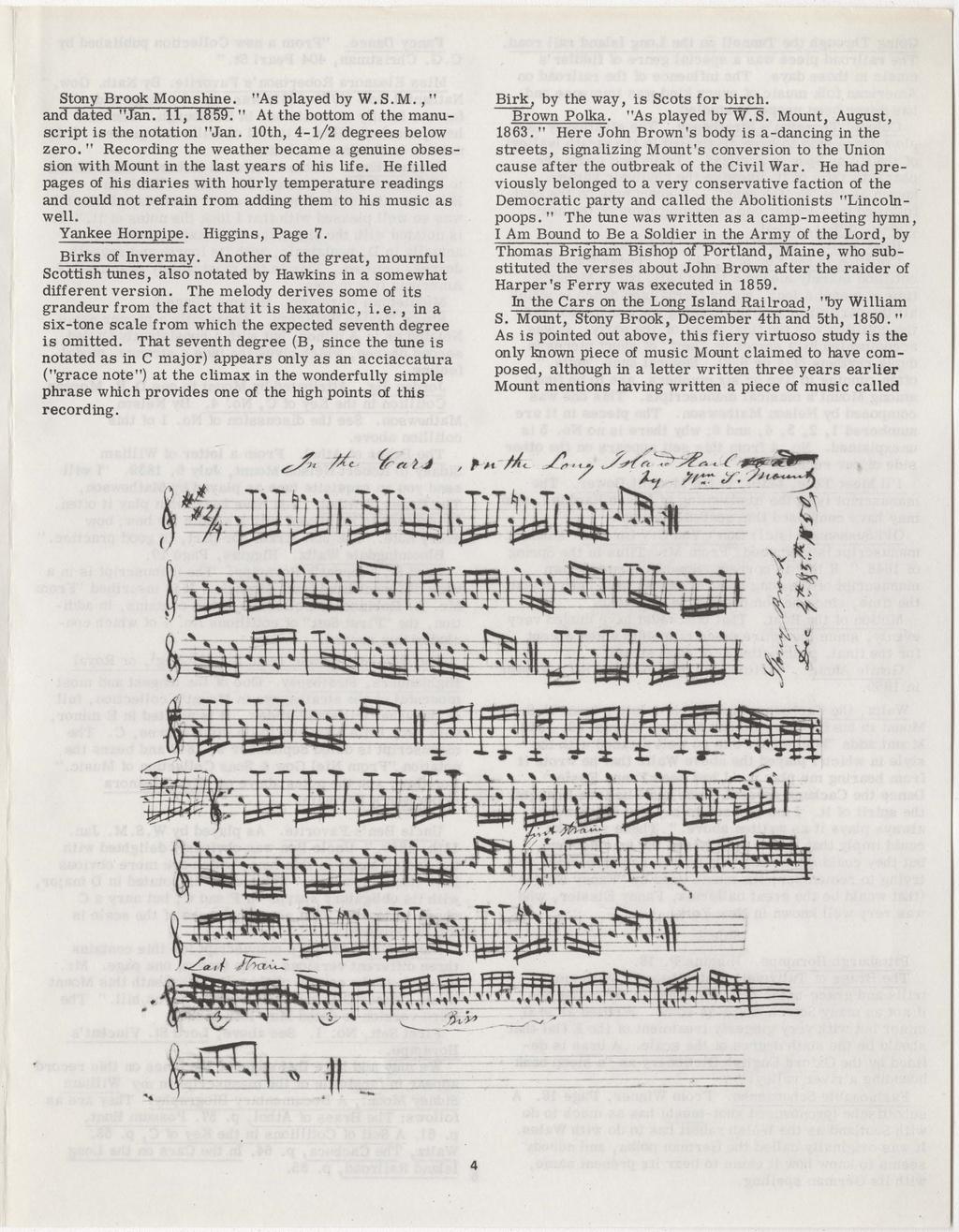Stony Brook Moonshine. "As played by W. S. M., " and dated "Jan. 11, 1859." At the bottom of the manuscript is the notation "Jan. 10th, 4-1/2 degrees below zero.
