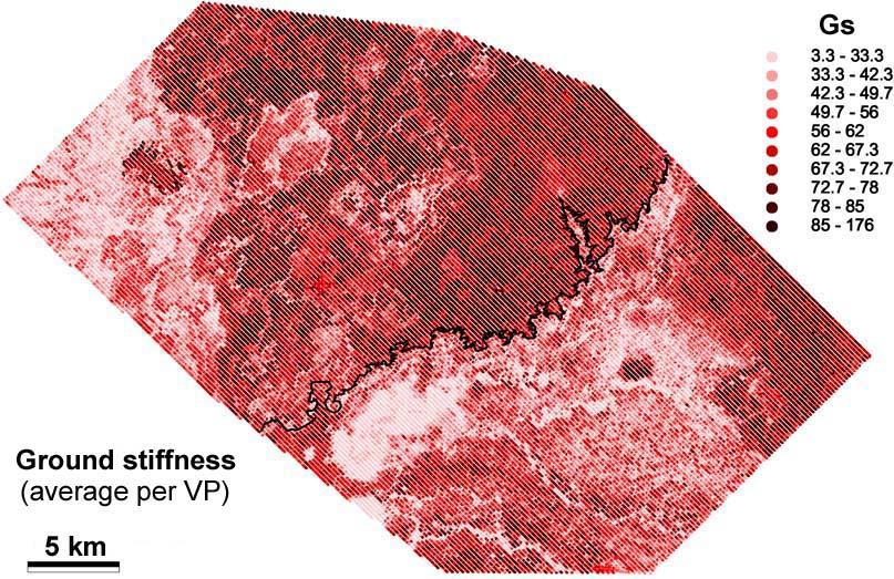 Figure 2: To the left, the map of the stiffness Gs is clearly correlated with the topography.
