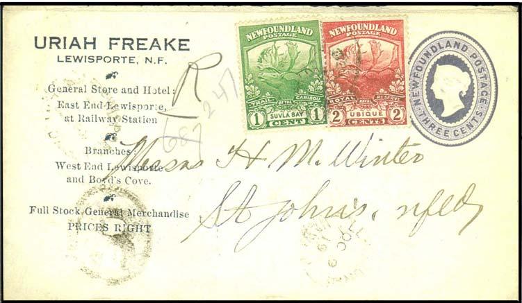 46 Privately printed corner cards on Newfoundland postal stationery Dean Mario N ewfoundland issued 3 and 5 value postal stationery envelopes in late 1889.