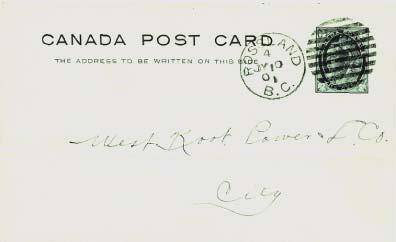 64 Peter Jacobi Figure 2 shows both sides of the retained or coupon portion of the Webb s P14 Canada Post Card mailed from D.C. Corbin s railway office in Nelson on 15 May 1899 to the Kootenay Power & Light Co.