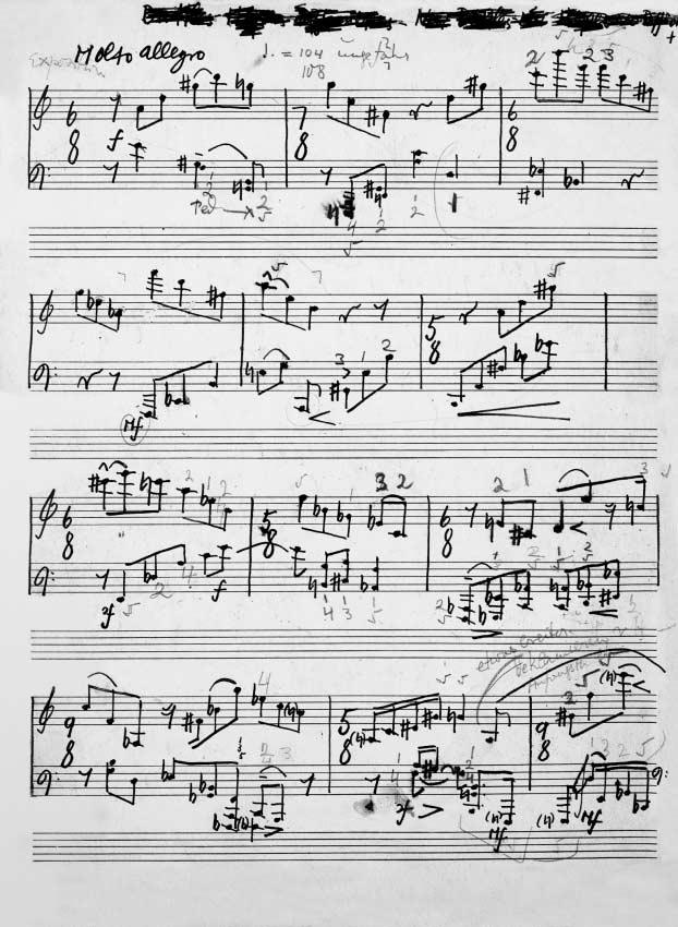 Example 3: Stefan Wolpe, Battle Piece for piano (1943 47), ink on paper holograph, p. 1 (Stefan Wolpe Collection). and an indirect melodic contour (Examples 2b, 2c).